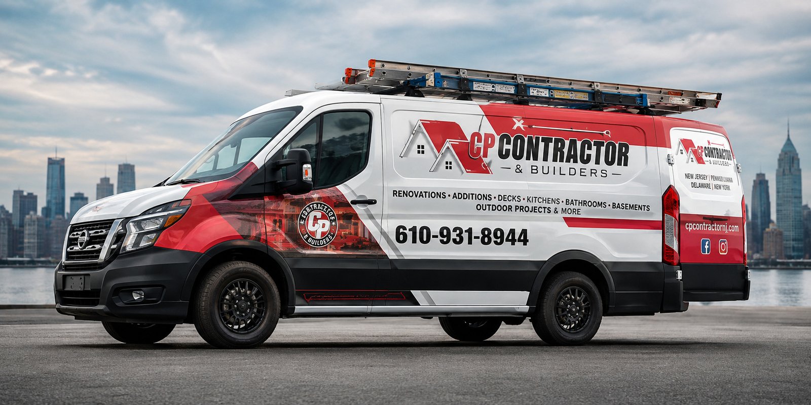 CP Contractors & Builders work van, wrapped in the company's red and white livery, parked with the Philadelphia skyline behind it